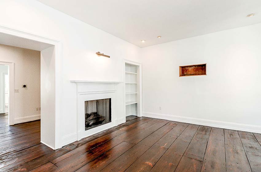 Living room featuring wide plank hardwood floor