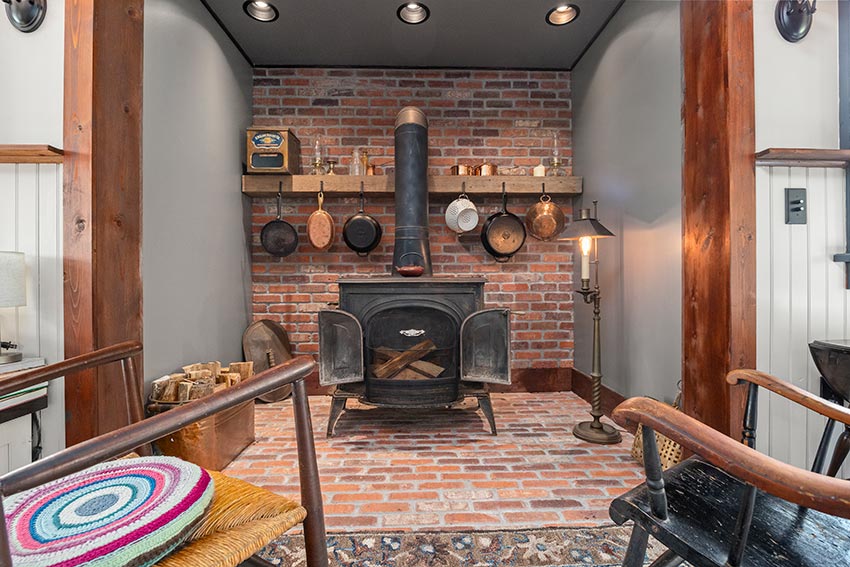 Wood burning fireplace in kitchen