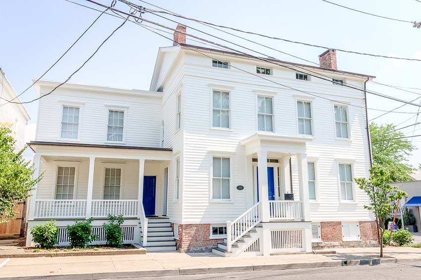 Front entrance of house at 34-36 S 2nd Street in Hudson, New York.