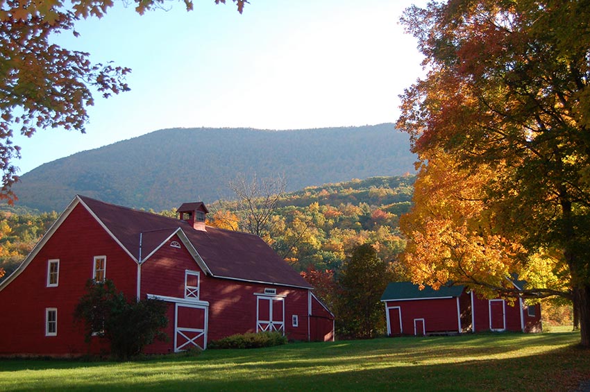 Two red barns set at the foot of the Catskill Mountain Range