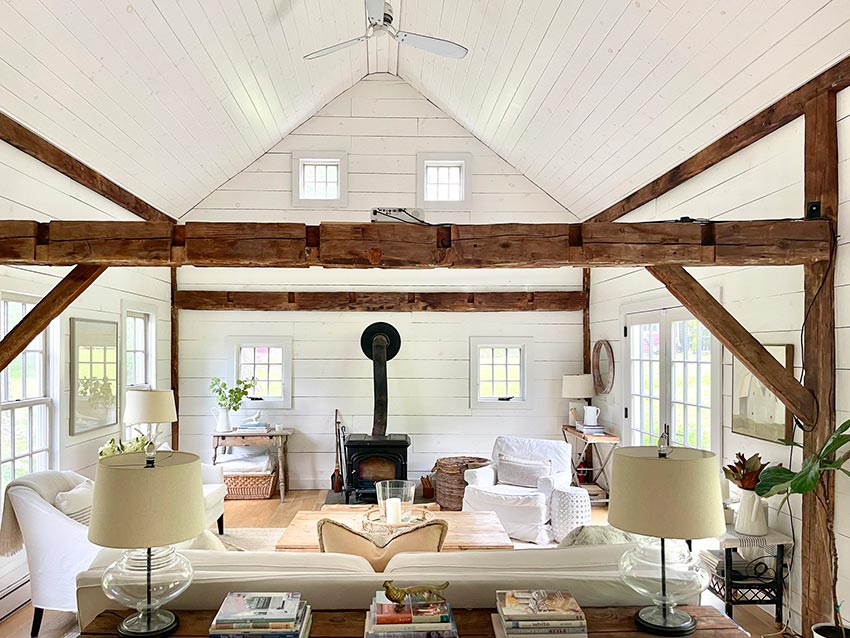 Living room with a wood burning stove