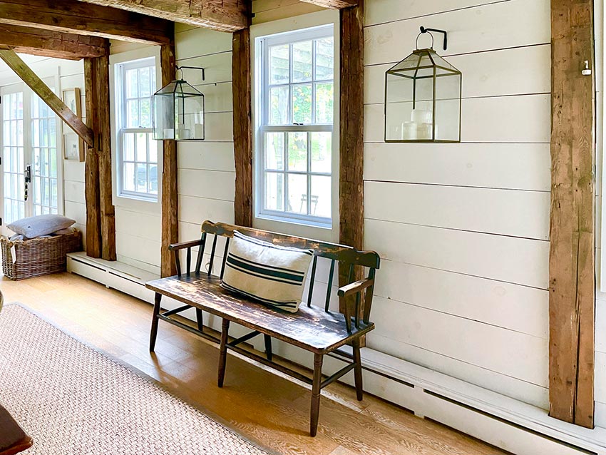 Lantern lit area with antique bench